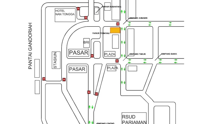 Sketsa sederhana rekayasa lalu lintas dan penutupan akses jalan saat pelaksanaan Puncak Hoyak Tabuik dan Tabuik dibuang ke laut pada Minggu, 21 Juli 2024.