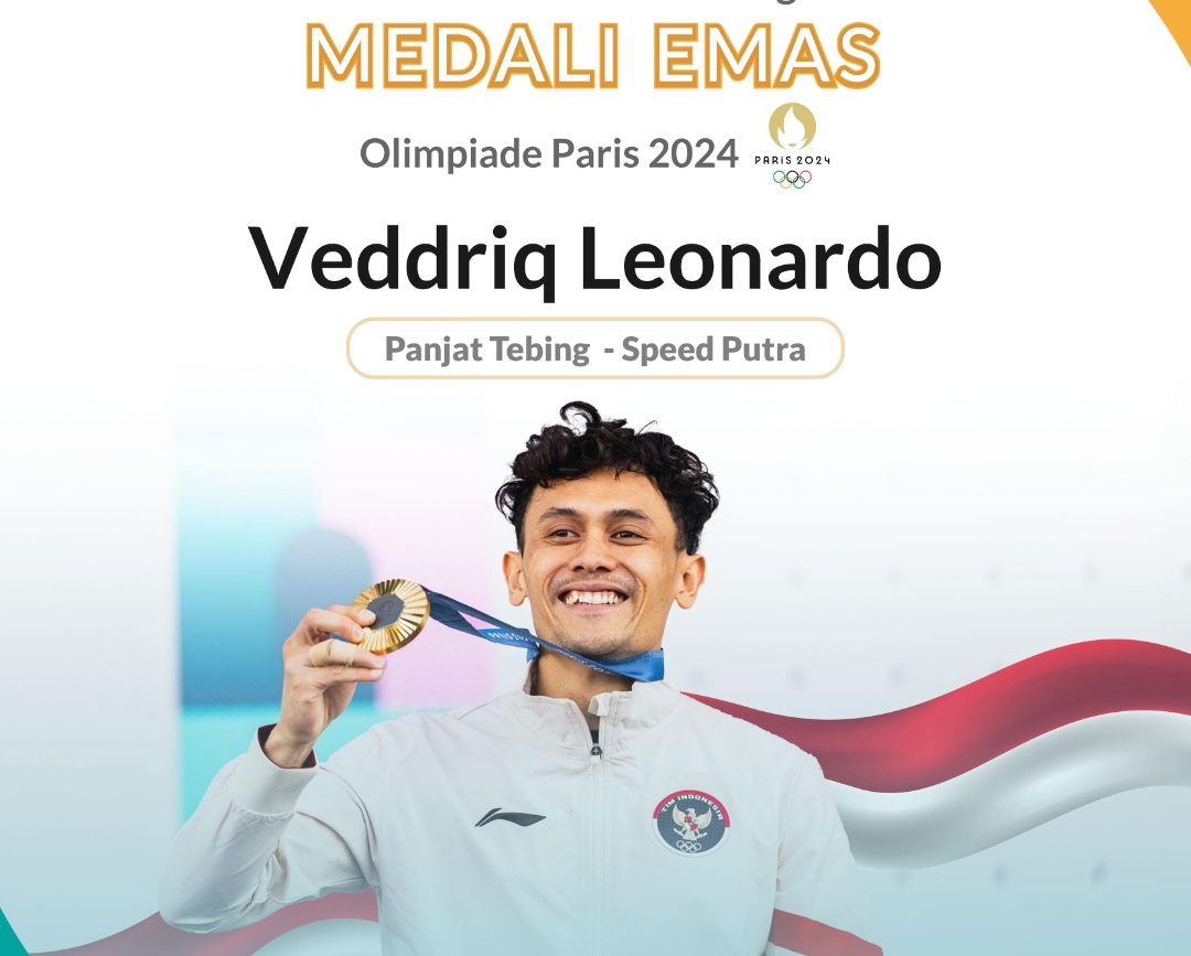 Atlet panjat tebing Indonesia Veddriq Leonardo mengharumkan nama bangsa dan mengibarkan Sang Merah Putih saat meraih medali emas di Olimpiade Paris 2024. (Foto: BSI)