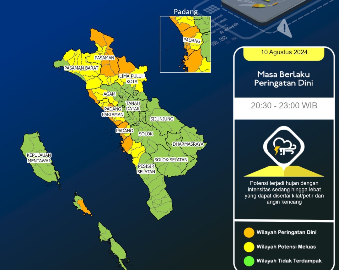 BMKG memperingatkan potensi hujan sedang hingga lebat yang dapat disertai kilat atau petir dan angin kencang di sejumlah wilayah di Sumatera Barat mulai pukul 20:30 WIB. (Grafis: BMKG Minangkabau)
