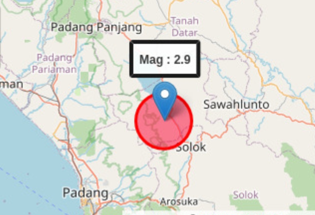 Gempa bumi dengan magnitudo 2.9 mengguncang wilayah Kota Solok, Sumatera Barat, pada Minggu pagi, 18 Agustus 2024. (Peta: BMKG Padangpanjang)