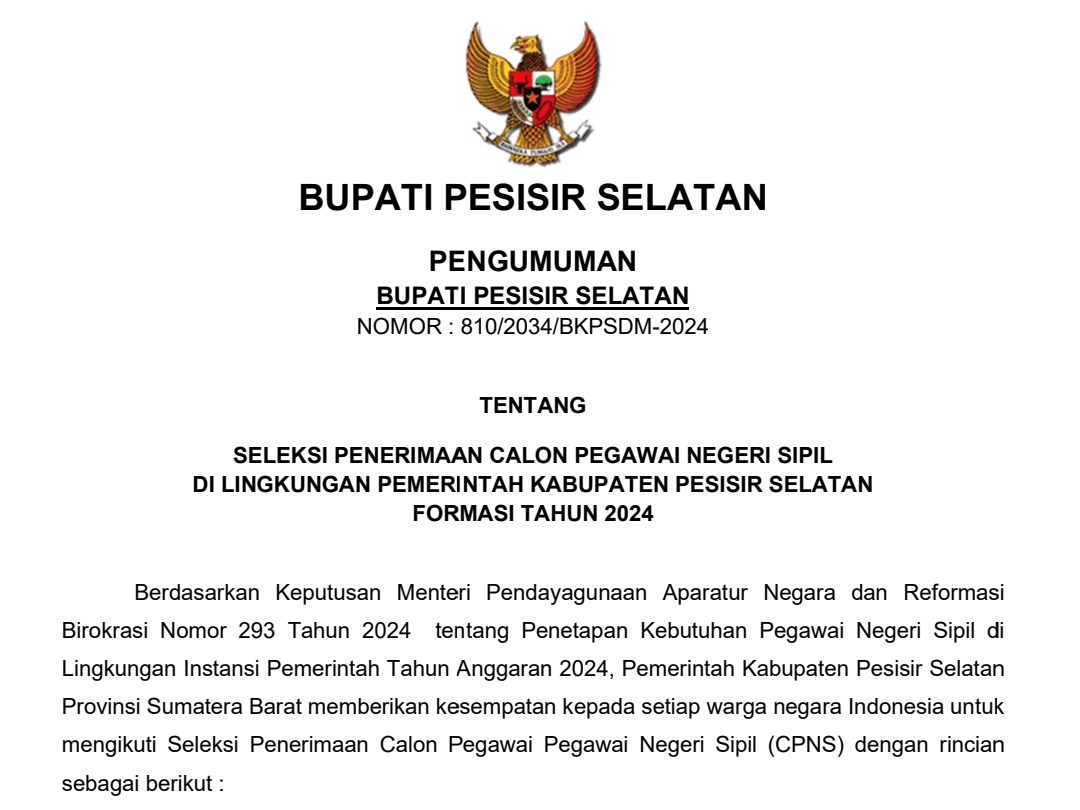 Pemerintah Kabupaten Pesisir Selatan secara resmi mengumumkan penerimaan Calon Pegawai Negeri Sipil (CPNS) untuk formasi Tahun 2024. (Foto: bkpsdm.pesisirselatankab.go.id)