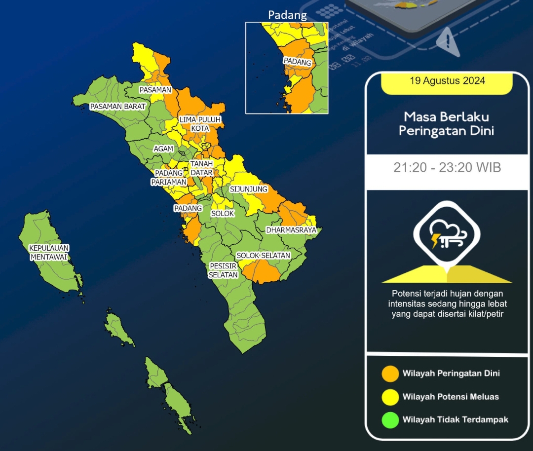 Wilayah di Sumbar yang diperkirakan terjadi hujan dengan intensitas sedang hingga lebat yang dapat disertai kilat atau petir. (Peta: BMKG)