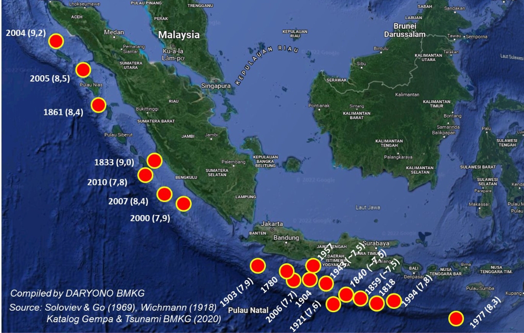 Sejarah gempa-gempa besar di Busur Sunda (Sumatra, Jawa, Bali, NTB) yang sebagian besar memicu tsunami. (Peta: Daryono/ BMKG)