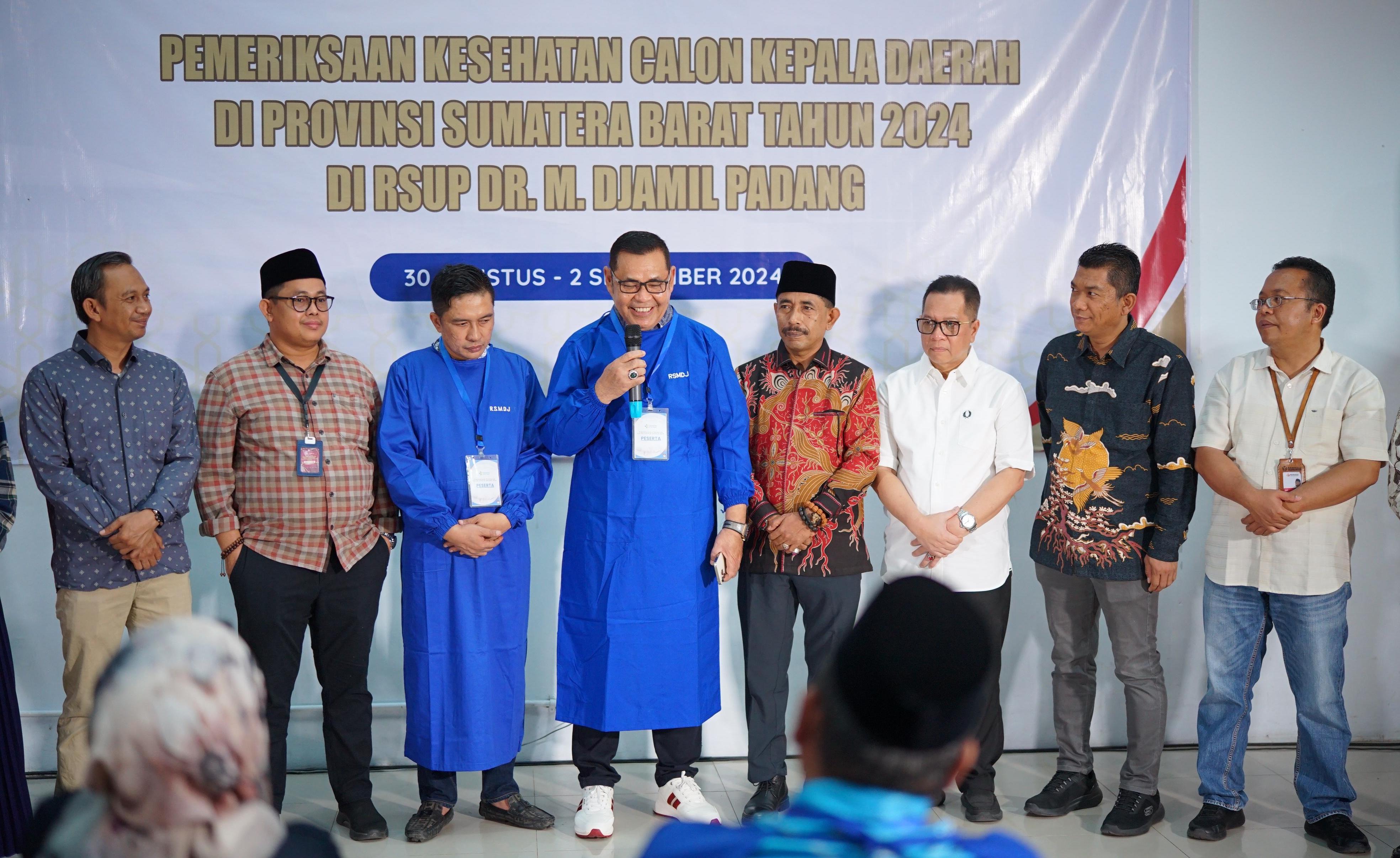 TERUS BERLANJUT: Puluhan bapaslon Pilkada 2024 di Sumbar telah menjalani tes kesehatan hingga hari ketiga kemarin. Salah satunya bapaslon Pilgub Sumbar Epyardi Asda-Ekos Albar. (DOK. KPU SUMBAR)