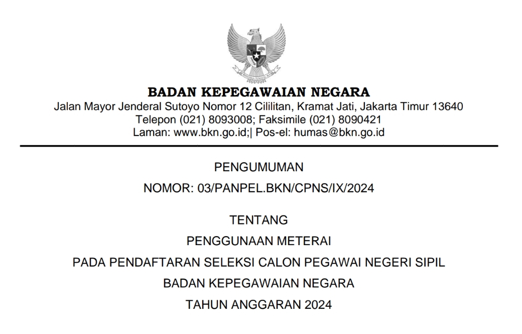 Dalam pengumuman terbarunya, Jumat (6/9/2024), BKN menyampaikan aturan penggunaan meterai pada dokumen pendaftaran CPNS 2024.
