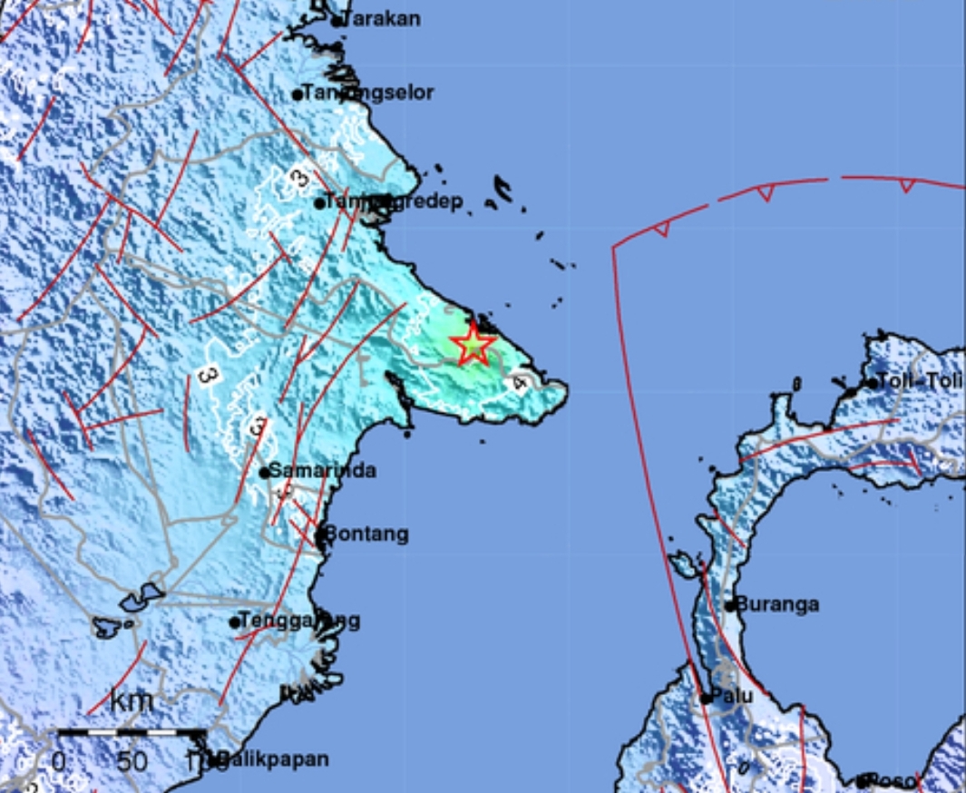 Shakemap gempa magnitudo 5,6 pukul 20:08:09 WIB yang terjadi di darat sekitar 145 km tenggara Berau pada kedalaman 10 km. (Peta: BMKG)