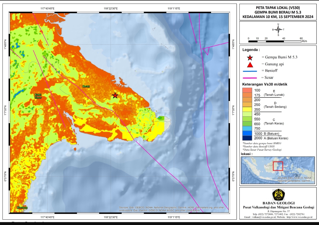 Peta tapak kondisi tanah di lokasi gempa Berau, Kalimantan Timur. (Peta: Badan Geologi Kementerian ESDM)