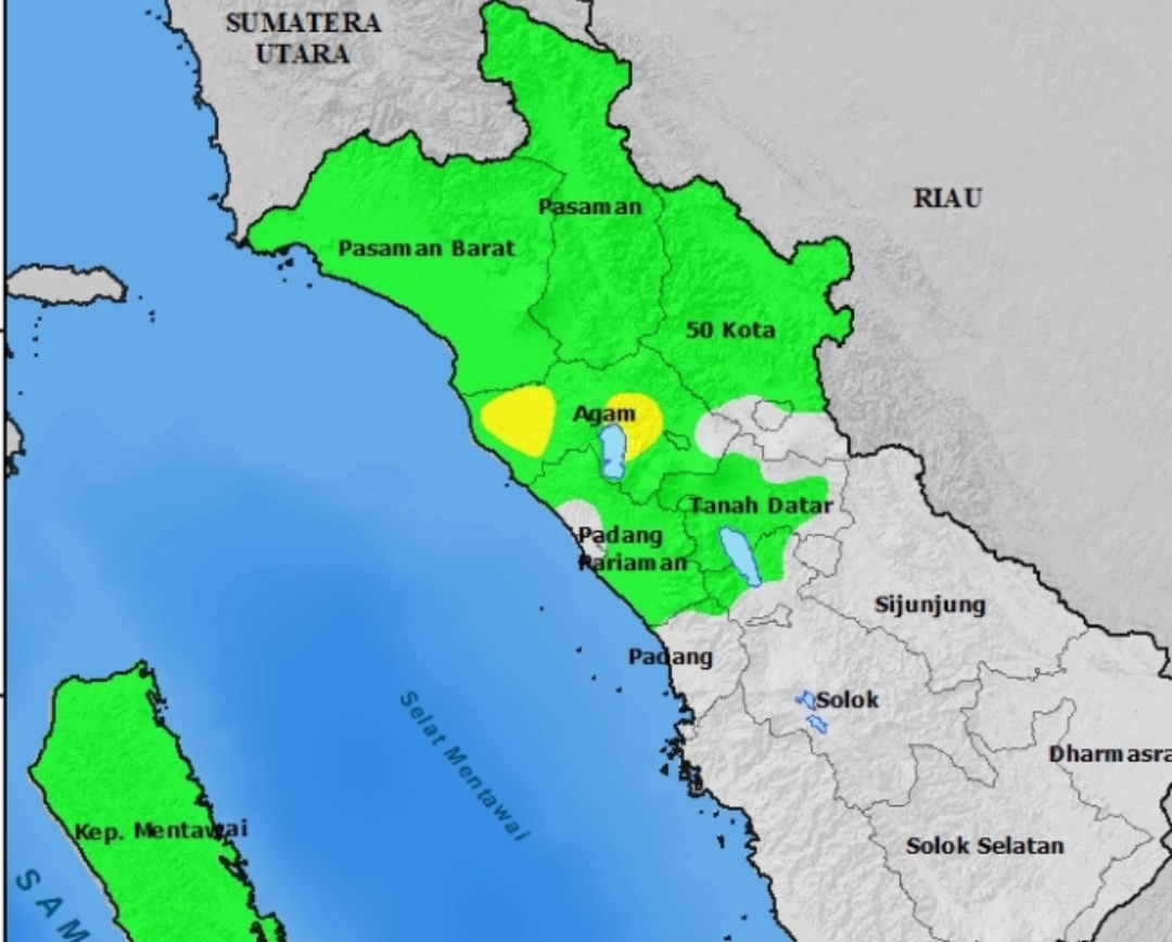 Hasil pemantauan curah hujan di Provinsi Sumatera Barat pada periode 18 hingga 19 September 2024 pukul 07.00 WIB menunjukkan sebaran hujan ringan hingga sedang. (Peta: BMKG)