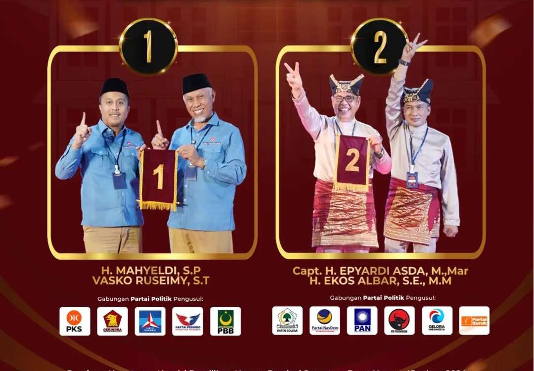 Pasangan calon gubernur dan wakil gubernur: Mahyeldi Ansharullah-Vasko Ruseimy dan Epyardi Asda-Ekos Albar.(Foto: KPU Sumbar)
