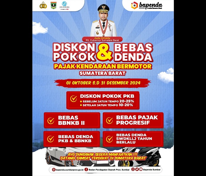 Diskon pokok dan bebas denda pajak kendaraan bermotor Sumatera Barat.