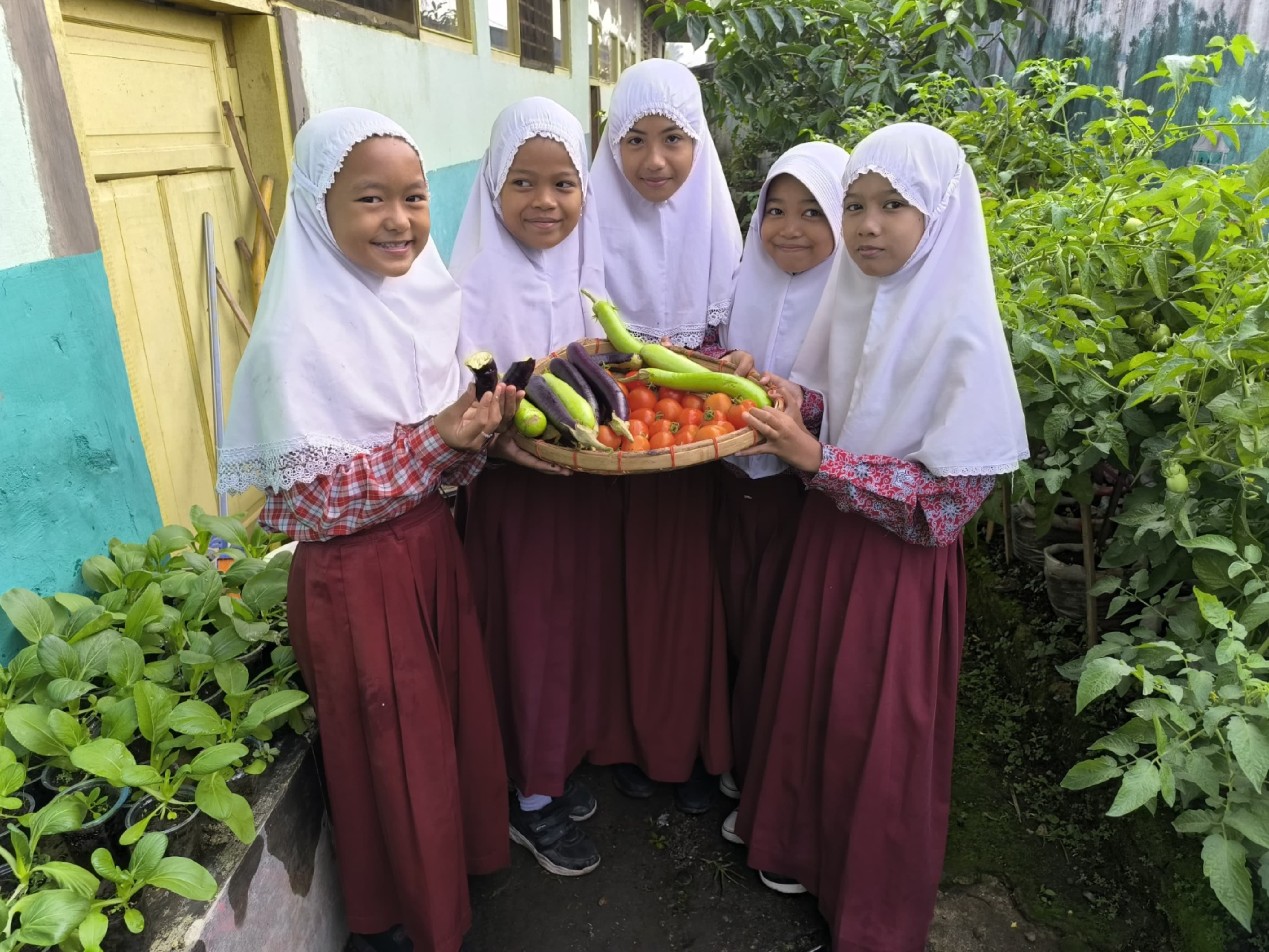 MENJANJIKAN: Murid SD Negeri 21 Payakumbuh memperlihatkan hasil panen yang mereka tanam di kebun sekolah. (TIM LAMAN GURU)