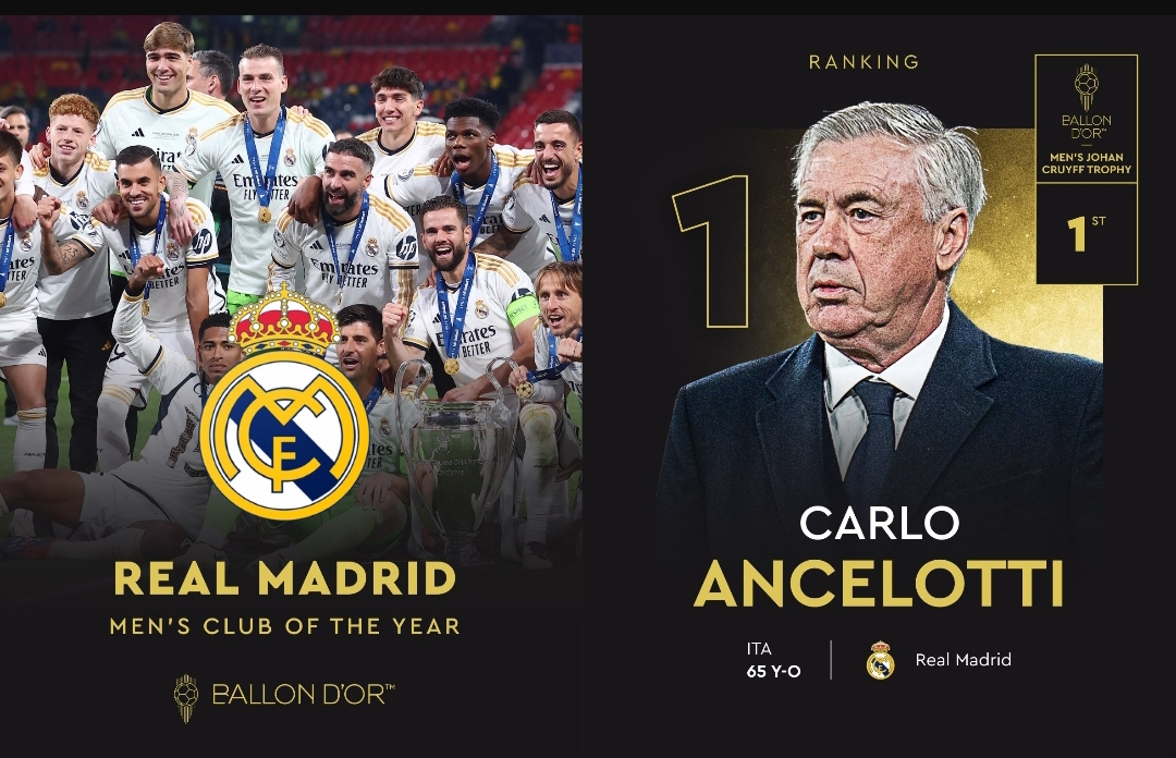 Real Madrid Klub Sepakbola Pria Terbaik 2024 dan Carlo Ancelotti Pelatih Sepakbola Pria Terbaik 2024 di ajang Ballon d