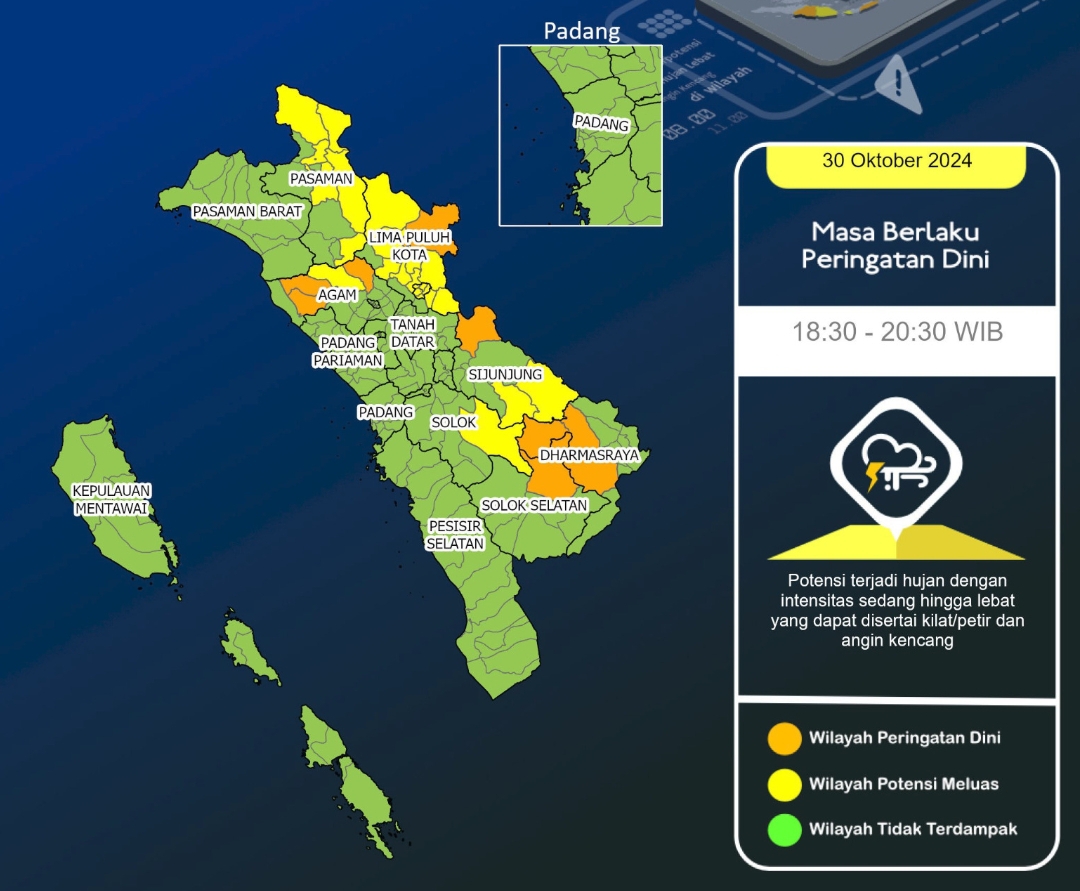 Peta wilayah di Sumatera Barat yang berpotensi hujan dengan intensitas sedang hingga lebat yang dapat disertai kilat atau petir dan angin kencang mulai pukul 18:30 WIB malam ini. (Foto: BMKG)