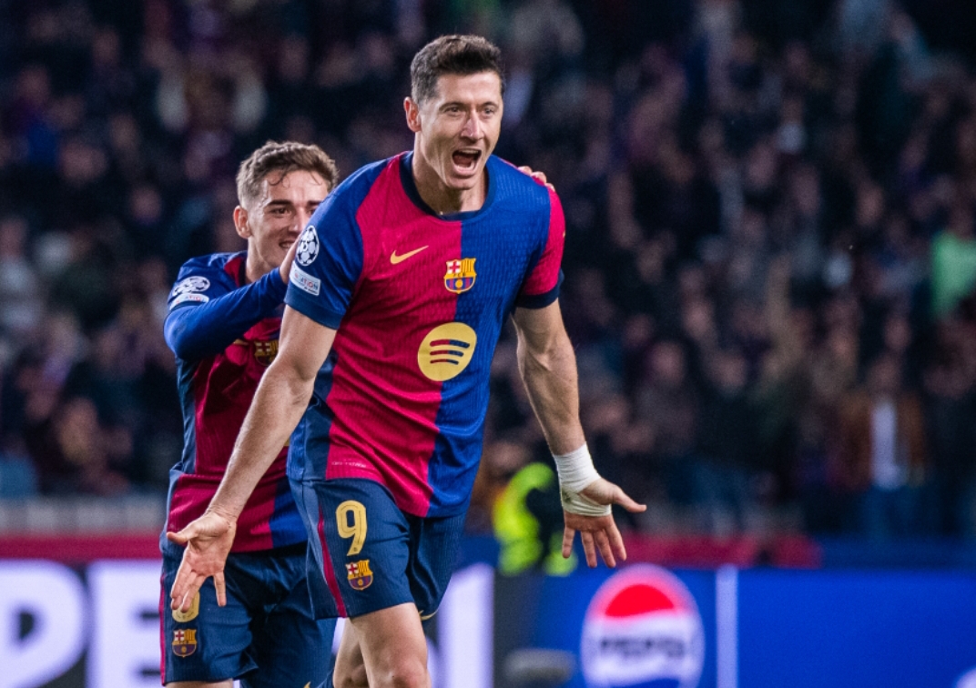 Striker Barcelona Robert Lewandowski selebrasi usai cetak gol dalam kemenangan 3-0 melawan Brest. (Foto: X FC Barcelona)