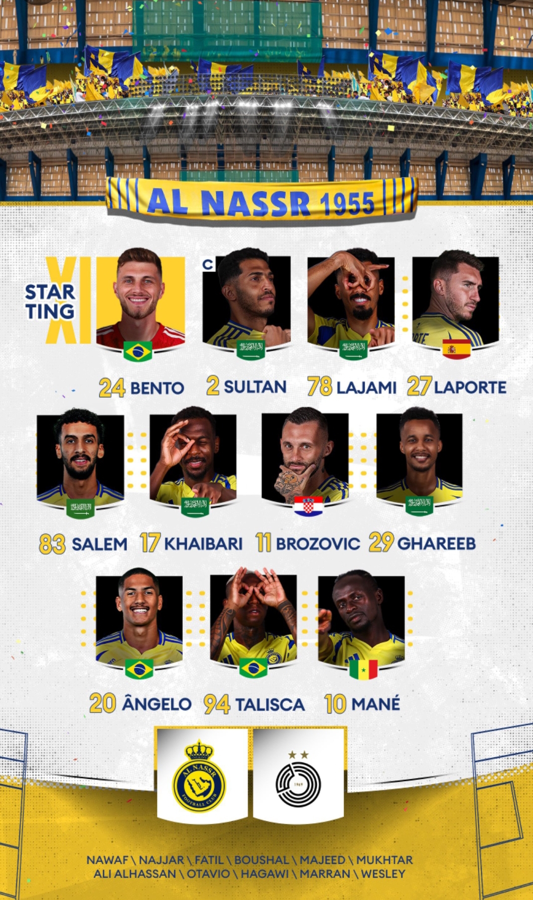 Starting lineup Al Nassr yang dirilis media sosial klub jelang laga melawan Al Sadd.