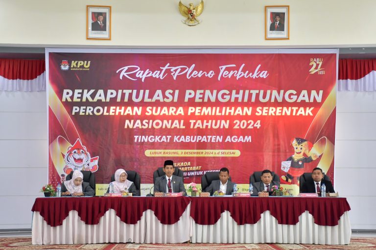 MENUNGGU PENETAPAN: Rapat Pleno Terbuka Rekapitulasi Penghitungan Perolehan Suara tingkat Kabupaten Agam oleh KPU Agam di Balairung Rumah Dinas Bupati Agam, Selasa (3/12).(PEMKAB AGAM FOR PADEK)