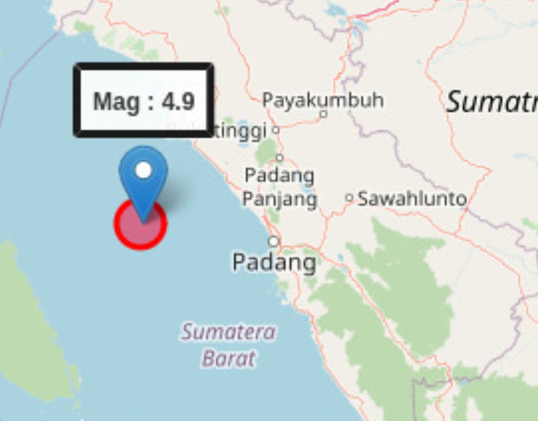 Peta pusat gempa bumi dengan magnitudo 4,9 mengguncang wilayah Barat Daya Kota Pariaman, Sumatera Barat, pada Senin (9/12) pukul 16.50 WIB.(Foto: BMKG)