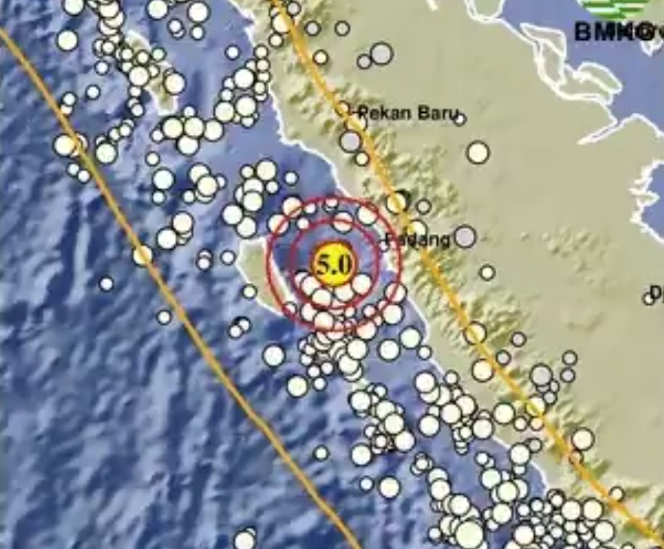 Gempa bumi magnitudo 5,0 mengguncang wilayah 78 km barat daya Kota Pariaman, Sumatera Barat, pada Senin (16/12/2024) pukul 10.50 WIB. (Peta: BMKG)