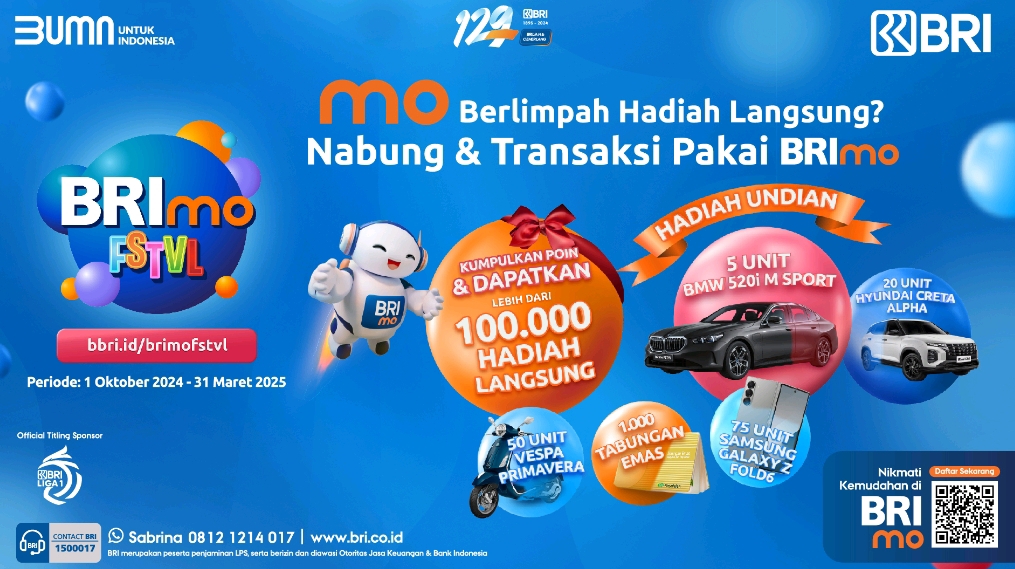 Tingkatkan saldo dan transaksi BRI, raih peluang menang hadiah eksklusif dari BRImo FSTVL 2024 mulai 1 Oktober 2024 hingga 31 Maret 2025.