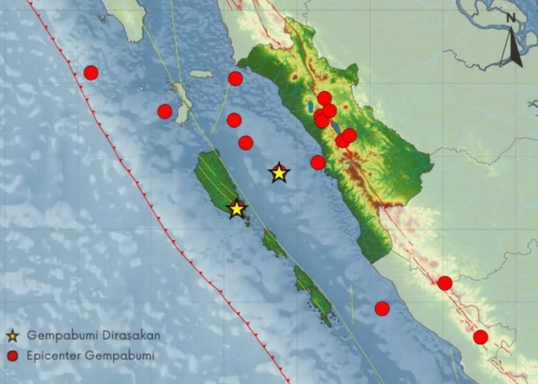 Peta sebaran episenter gempa 13-19 Desember 2034 yang dirilis BMKG Stasiun Geofisika Padangpanjang.