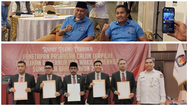 Mahyeldi-Vasko (atas). Penandatanganan berita acara rapat pleno terbuka penetapan pasangan calon terpilih pada pemilihan Gubernur dan Wagub Sumatera Barat Periode 2024-2009, Kamis (9/1/2025).