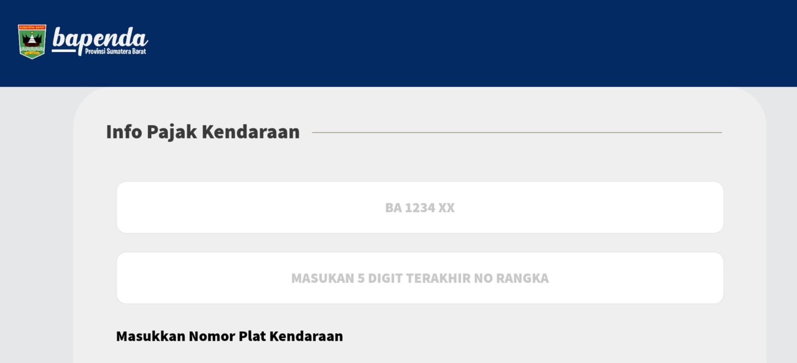 Tampilan website cek pajak kendaraan di Sumatera Barat.