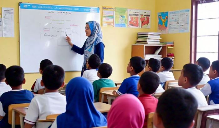 Ilustrasi guru di sekolah dasar di daerah terpencil sedang mengajar di ruang kelas.