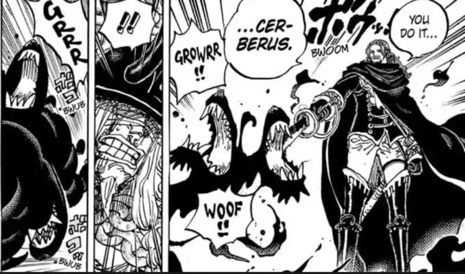 One Piece Chapter 1138 menampilkan kekuatan Shamrock menggunakan Pedang Cerberus.