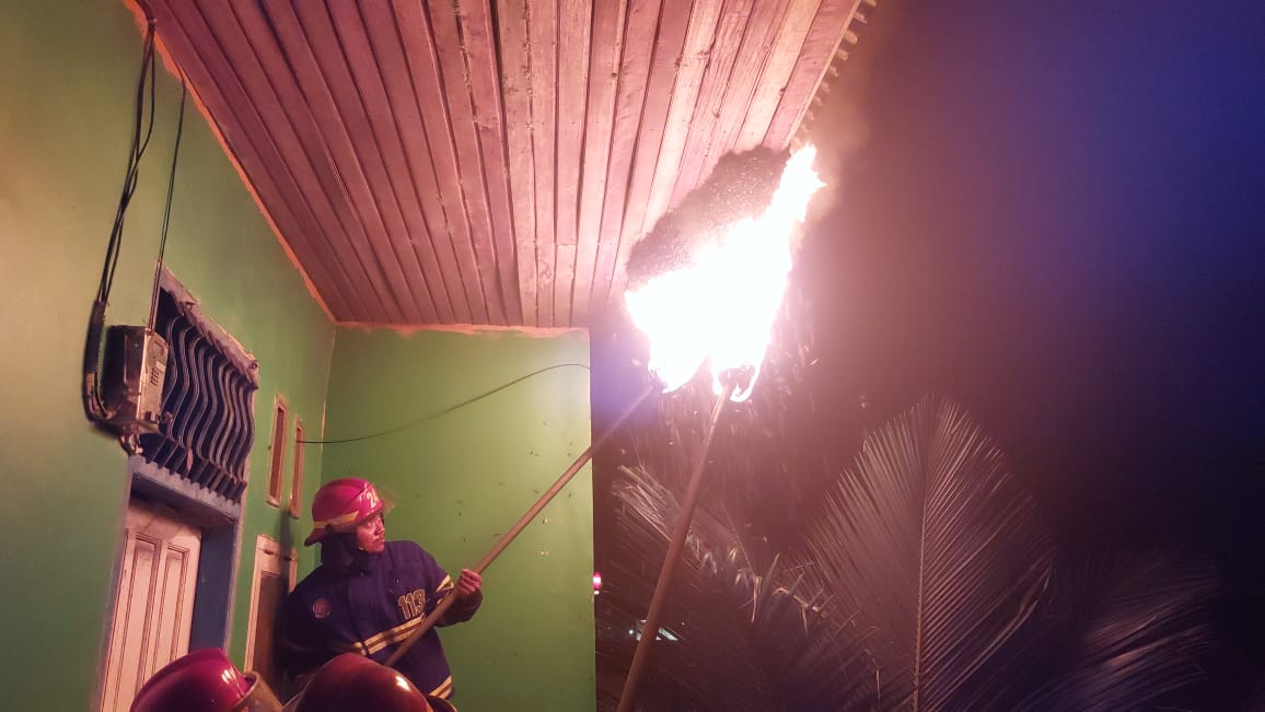 Personel Dinas Damkar Kota Padang ketika mengevakuasi sarang lebah di atap balkon lantai dua rumah kos di Jalan Maransi, Kelurahan Aiepacah, Kecamatan Kototangah, Kota Padang, Selasa (25/2/2025) malam