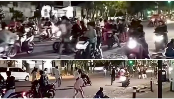 Puluhan remaja terlibat dalam aksi tawuran antarkelompok yang terjadi di Simpang Lampu Merah Pasar Simpang Haru, Kecamatan Padang Timur, Kota Padang, Sumatera Barat, Minggu (2/3/2025) malam.