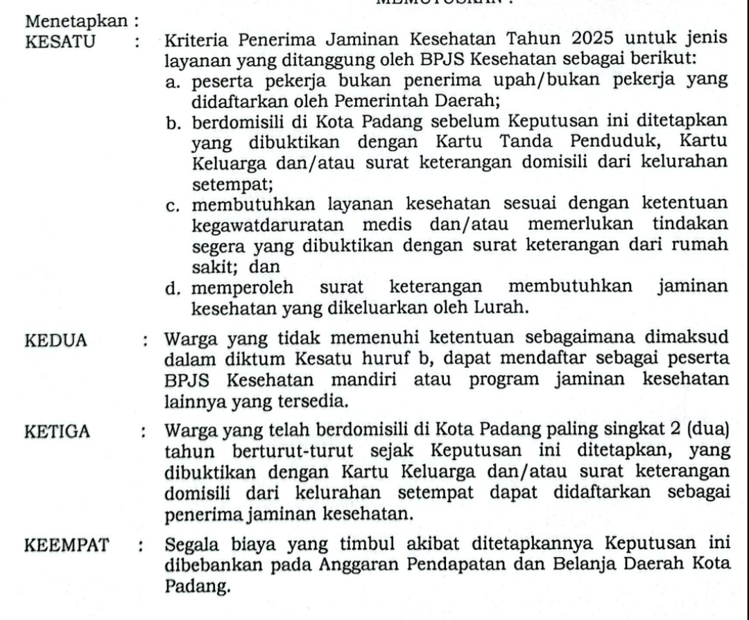 Kriteria penerima jaminan kesehatan gartis atau ditanggung Pemko melalui APBD yang ditetapkan dalam Keputusan Wali Kota Padang Nomor 160 Tahun 2025 tertanggal 1 Maret 2025. (Foto: SK Wako)