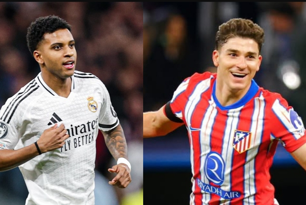 Pertandingan babak pertama Real Madrid vs Atletico Madrid di Liga Champions berakhir imbang 1-1 di babak pertama berkat gol Rodrygo dan Alvarez. (Foto: Instagram @realmadrid dan @atleticomadrid)