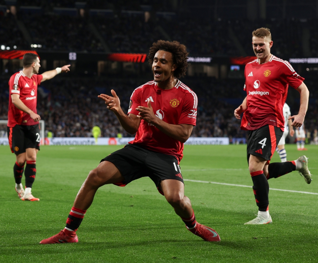 Joshua Zirkzee mencetak gol dalam laga Manchester United vs Real Sociedad yang berakhir imbang 1-1 di Liga Europa, Jumat dinihari WIB (7/3).(Foto: X @manchesterunited)