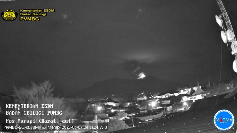 Gunung Marapi di Sumbar kembali erupsi dengan kolom abu 1200 meter pada Jumat dini hari (7/3/2025) pukul 02:45 WIB.