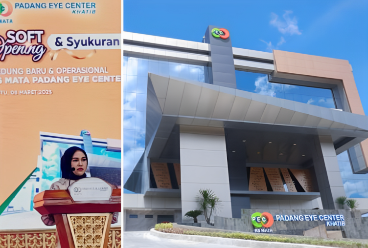 Direktur RS Padang Eye Center, dr. Rahmi Puspita Genie MARS, memberikan sambutan soft launching (kiri). RS Padang Eye Center di Jl Khatib Sulaiman, Kota Padang, Sumatera Barat (kanan).