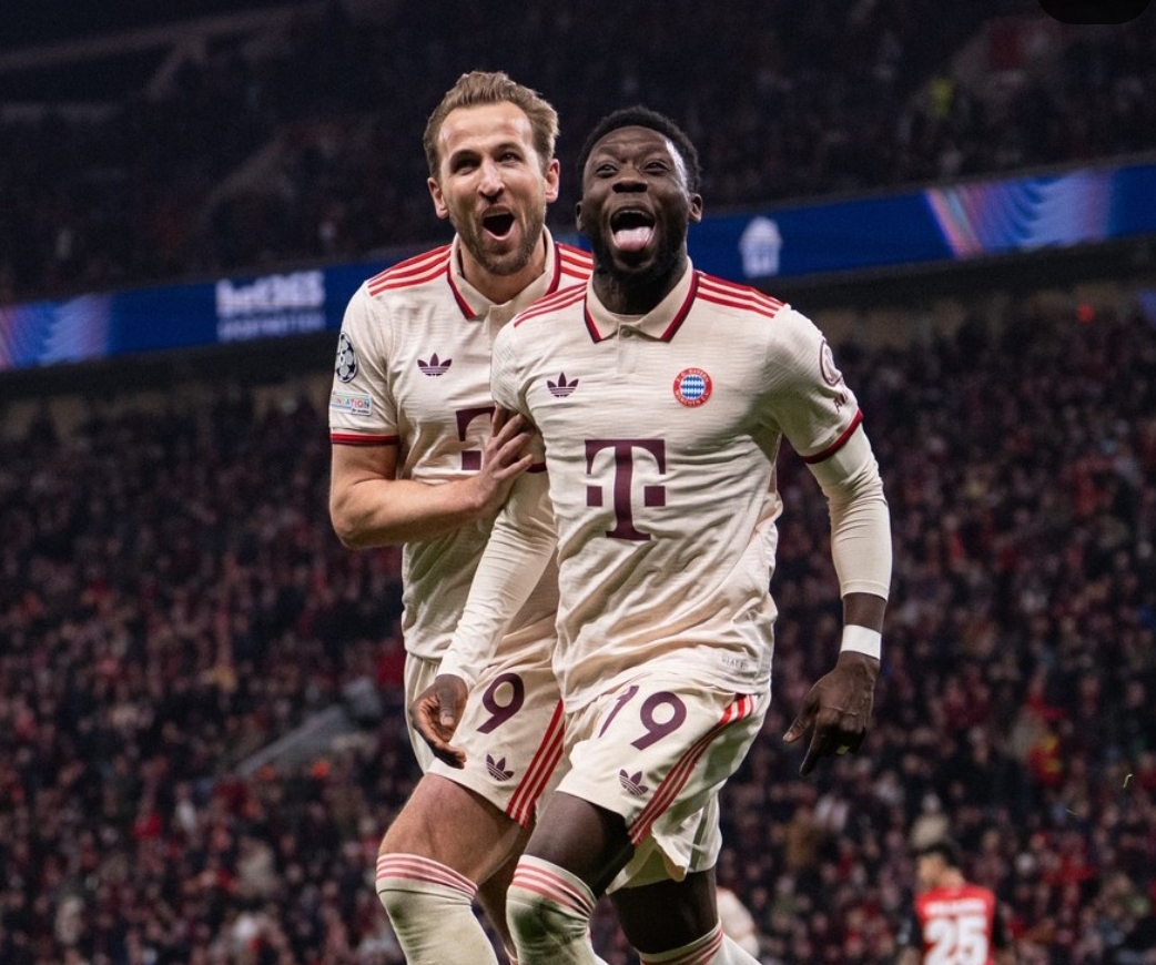 Harry Kane dan Alphonso Davies mencetak gol kemenangan Bayern Munchen 2-0 atas Leverkusen di Liga Champions. (Foto: Instagram @fcbayern)