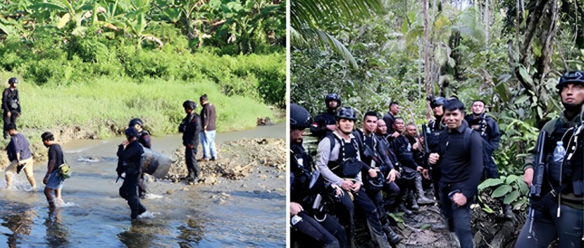Tim gabungan dari Brimob Polda Sumbar bersama Ditreskrimum dan Polres Mentawai saat melakukan perburuan terhadap oknum sikerei berinisial BK dalam kasus pembunuhan di Desa Madobag. (Polda Sumbar)