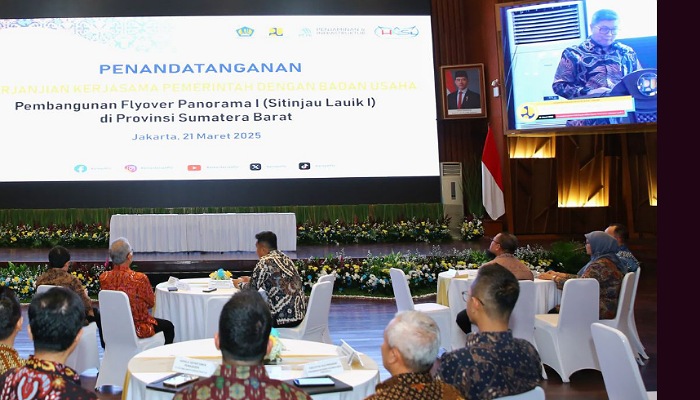penandatanganan Perjanjian KPBU Pembangunan Fly Over Sitinjau Panorama 1 atau Sitinjau Lauik di Sumbar, Jumat (21/3/2025) di Auditorium Kementerian Pekerjaan Umum di Jakarta.
