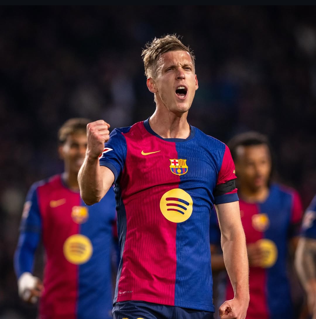 Selebrasi Dani Olmo usai cetak gol penalti saat Barcelona mengalahkan Osasuna dengan skor 3-0 dalam laga pekan ke-27 La Liga, Jumat dinihari WIB (27/3/2025). (Foto: Instagram @fcbarcelona)