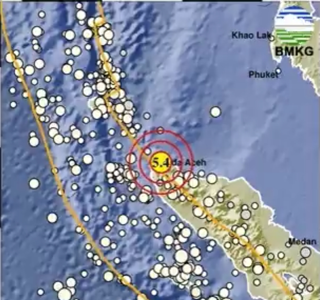Gempa berkekuatan Magnitudo (M) 5,4 mengguncang Kota Banda Aceh, Provinsi Aceh, pada Minggu (30/3) pukul 09.58 WIB. (Peta: BMKG)