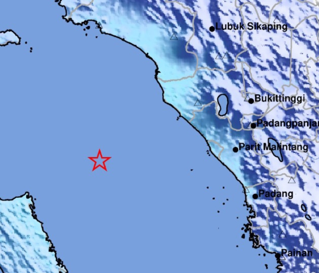 Pusat gempa magnitudo 4,7 yant mengguncang barat daya Kabupaten Agam, Sumatera Barat, Kamis (4/4/2025) pukul 18.07 WIB. (Foto: BMKG)