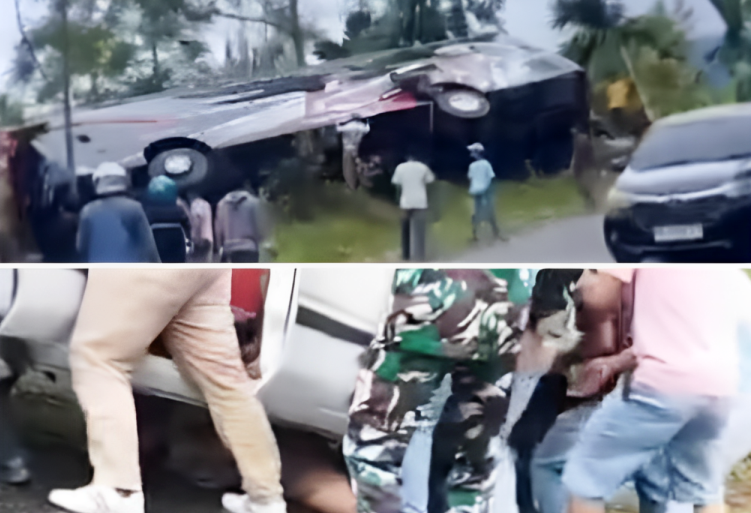 Kecelakaan bus di Malalak, Minggu (6/4). (Foto: Ig @infosumbar) dan seorang pengendara sedang dievakuasi dari kolong sedan. (Foto: @matarakyatsumbar_id)