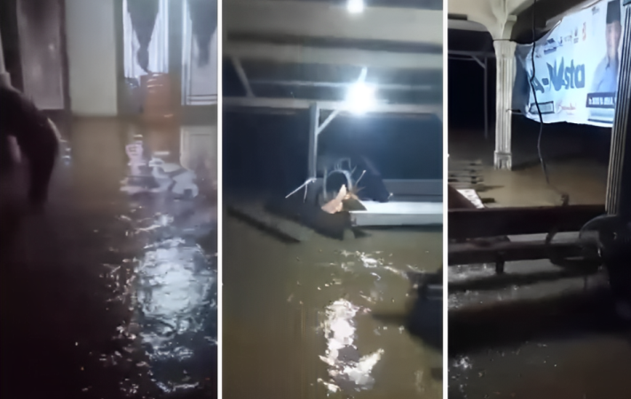 Hujan deras yang mengguyur wilayah Pesisir Selatan sejak siang hari menyebabkan tiga kampung di dua kecamatan terendam banjir pada Senin (7/4/2025). (foto: ig @kabarpesisirselatan)