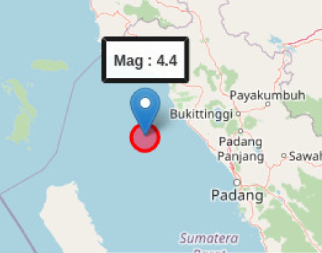 Gempa pukul 12:29:46 WIB dengan magnitudo 4,4 yang terjadi di 58 km barat daya Lubukbasung, Kabupaten Agam, kedalaman 10 km.(Foto: BMKG)