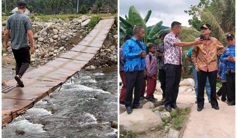 Bupati Pessel Hendrajoni melihat kondisi jembatan darurat di Nagari Koto Rawang, Kecamatan IV Jurai.
