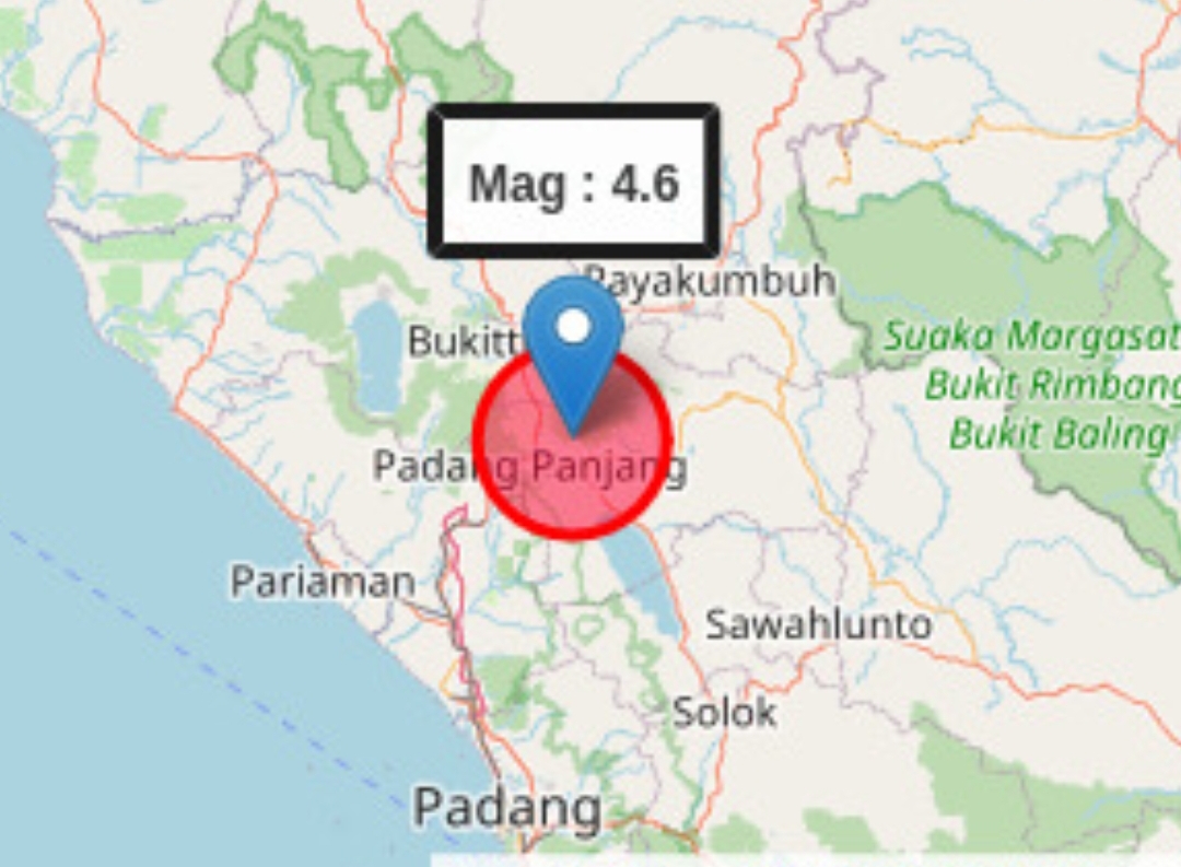 Gempa magnitudo 4,6 yang mengguncang wilayah timur laut Padangpanjang, Sumatera Barat, pada Sabtu malam, 19 April 2025, pukul 20.47 WIB.(Foto: BMKG)