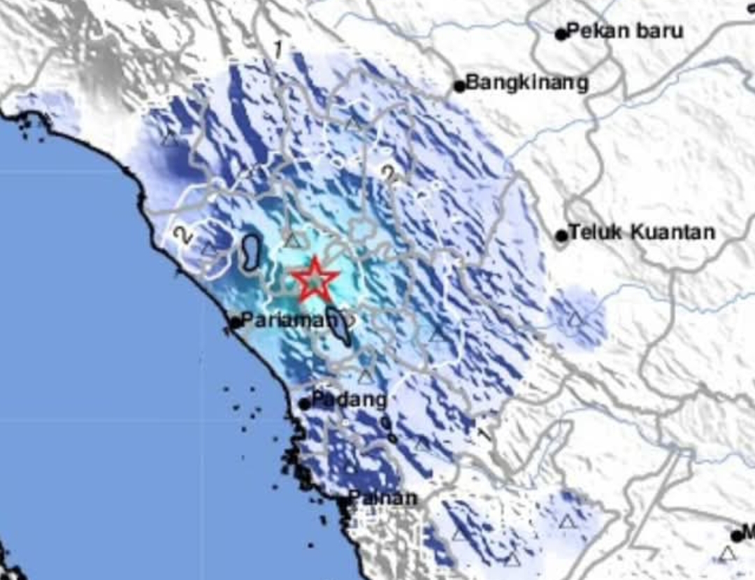 Peta estimasi guncangan gempa magnitudo 4,6 yang mengguncang Padangpanjang, Sumatera Barat, Sabtu 19 April 2025.(Foto: BMKG)