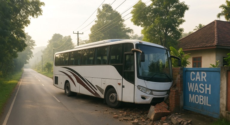 ilustrasi kecelakaan tunggal bus pariwisata. (OpenAI)