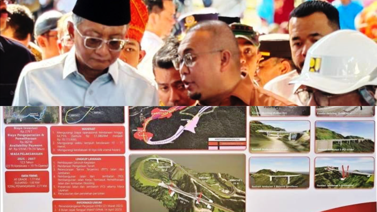 Menteri PU Dody Hanggodo bersama Wakil Ketua Komisi VI DPR RI dari Fraksi Gerindra Andre Rosiade melakukan groundbreaking pembangunan Fly Over Sitinjau Lauik, Panorama 1, Sabtu (3/5/2025).