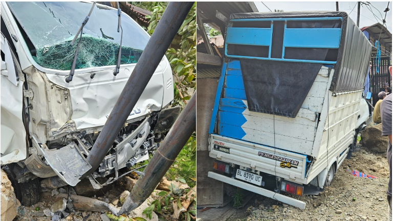 Kondisi pikap Isuzu Traga yang menabrak rumah warga dan pejalan kaki di Lubuksikaping, Kabupaten Pasaman, Selasa (27/5/2025).